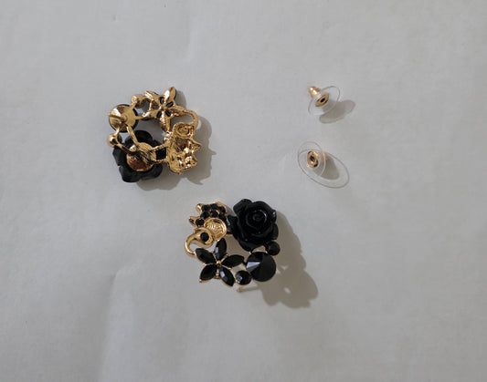 Black Rose Elephant Stud Earrings Gold Tone Floral Party Jewellery + FREE Back