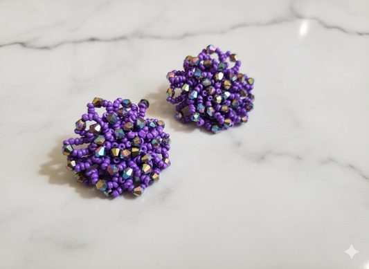 Purple Beaded Flower Earrings Handmade Crystal Bead Statement Stud Party Jewellery