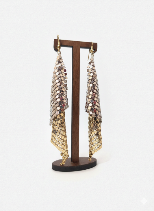 Gold Silver Mesh Tassel Drop Earrings Masquerade Ball Party Statement Dangle