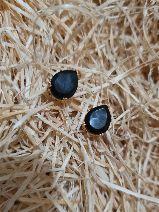 Gold Tone Black Oval Stone Stud Earrings | Elegant Classic Statement Jewellery