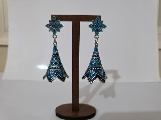 Blue Enamel Jhumka Earrings \Floral Drop Dangle\ Ethnic Indian Party Wear