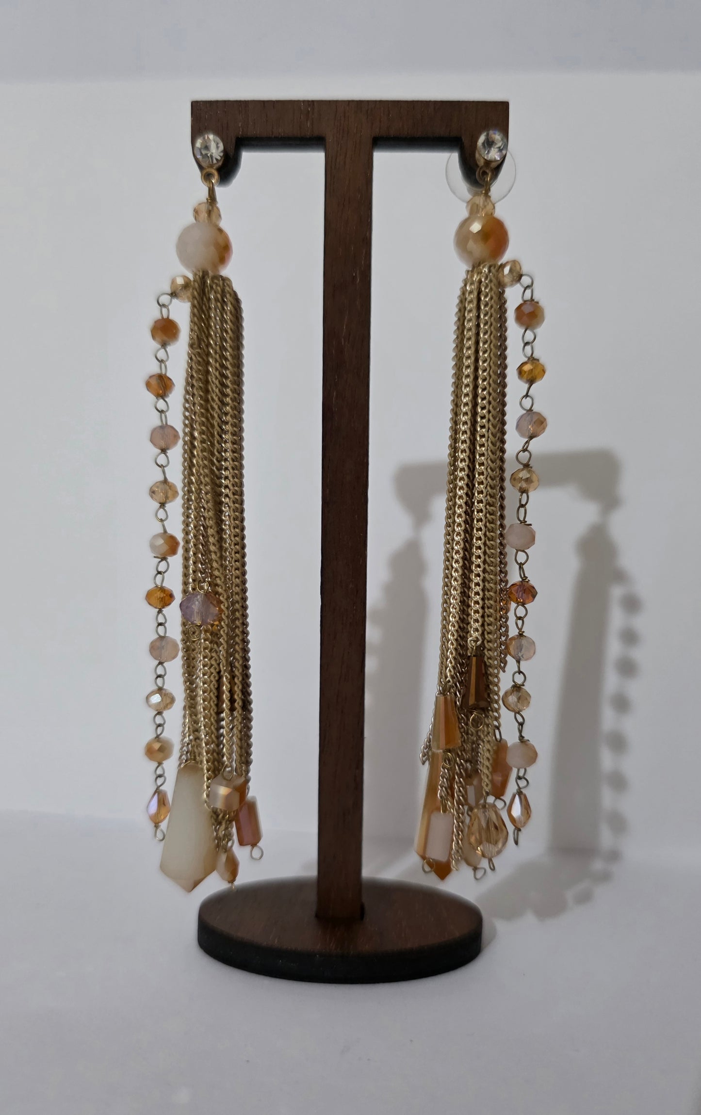 Gold Chain Tassel Drop Earrings Crystal Bead Long Dangle Statement Party