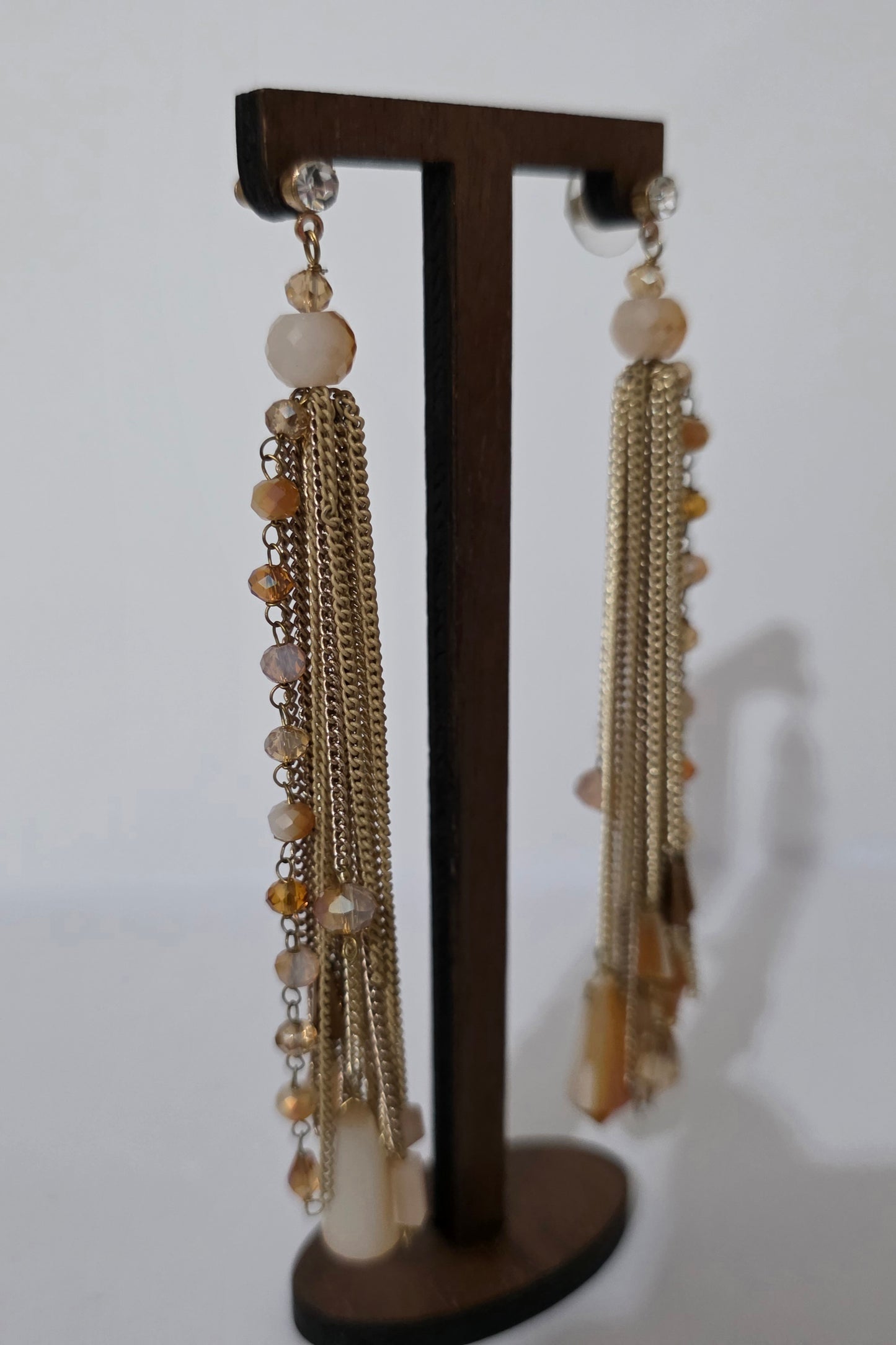 Gold Chain Tassel Drop Earrings Crystal Bead Long Dangle Statement Party
