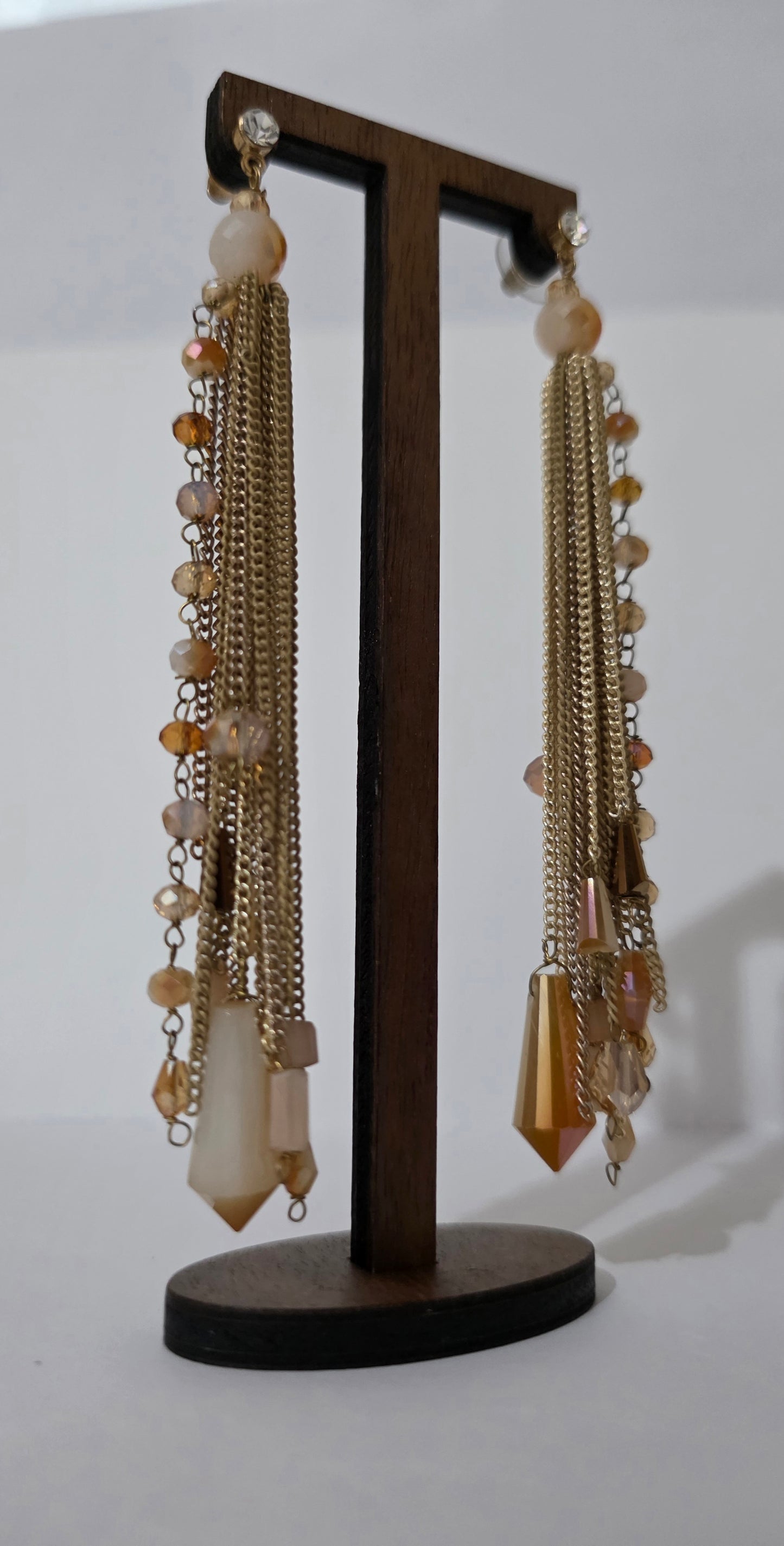 Gold Chain Tassel Drop Earrings Crystal Bead Long Dangle Statement Party