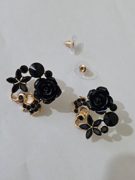 Black Rose Elephant Stud Earrings Gold Tone Floral Party Jewellery + FREE Back