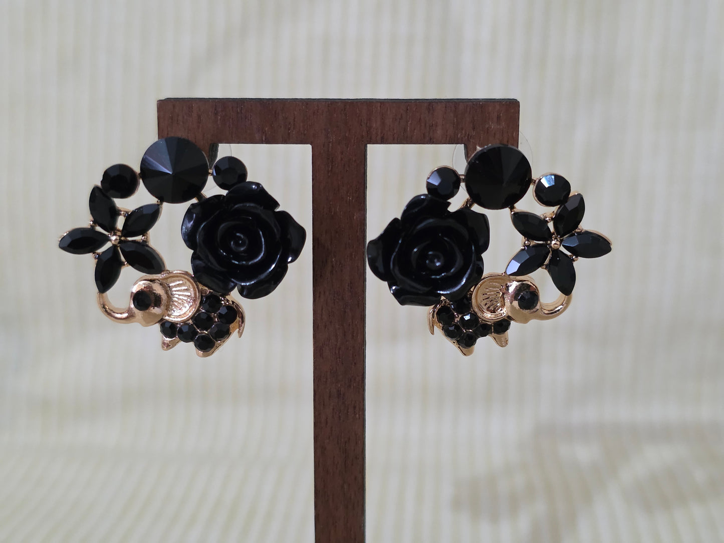 Black Rose Elephant Stud Earrings Gold Tone Floral Party Jewellery + FREE Back