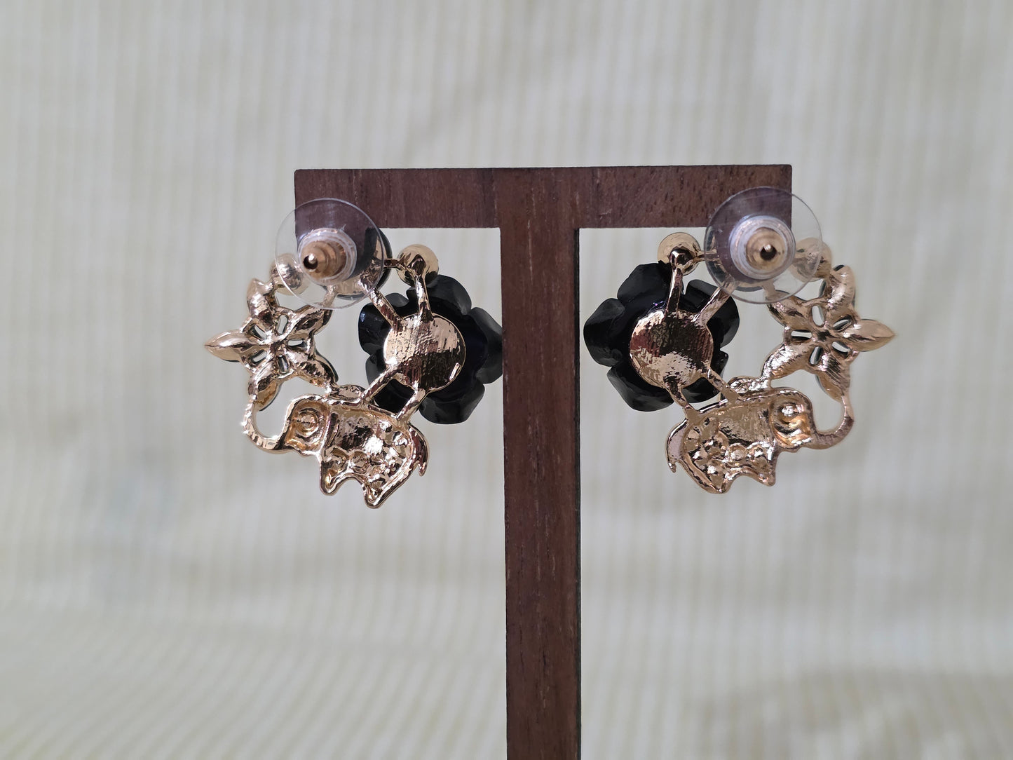 Black Rose Elephant Stud Earrings Gold Tone Floral Party Jewellery + FREE Back