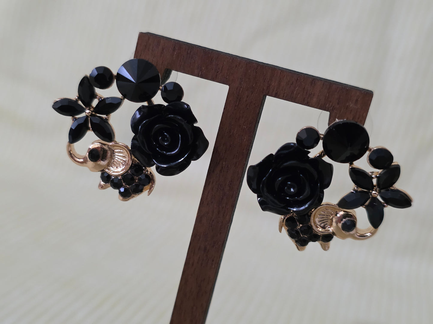 Black Rose Elephant Stud Earrings Gold Tone Floral Party Jewellery + FREE Back