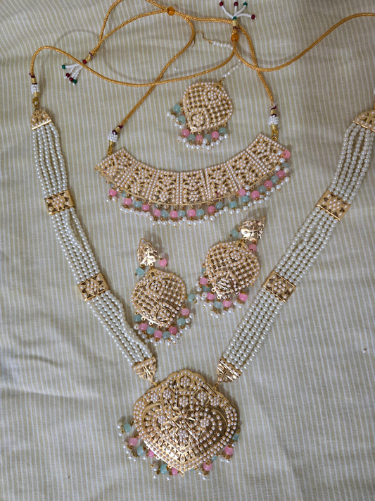Pearl Jewellery Set Gold Choker Necklace Earrings Tikka Wedding Parties