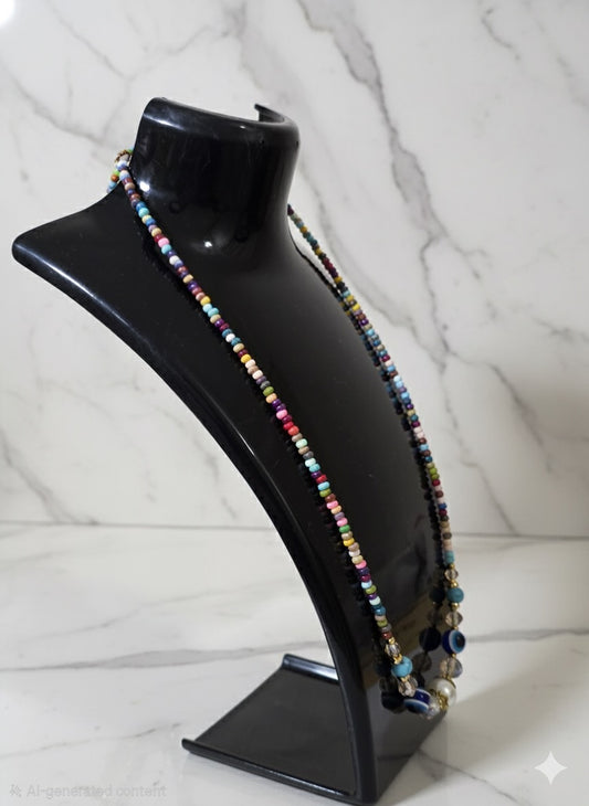 Colourful Handmade Beaded Necklace – Boho Style – Evil Eye & Pearl Accents